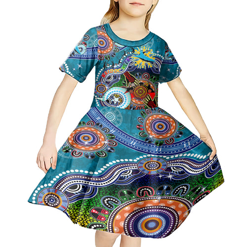 Personalised Sharks NAIDOC Week 2024 Kid Short Sleeve Dress Australia Aboriginal Dot Painting