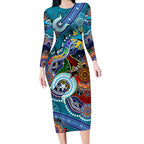 Personalised Sharks NAIDOC Week 2024 Long Sleeve Bodycon Dress Australia Aboriginal Dot Painting