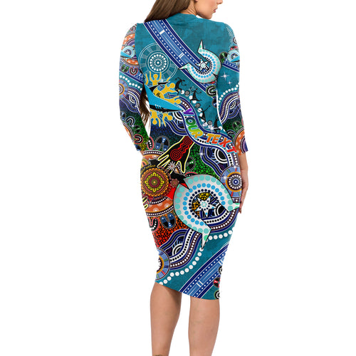 Personalised Sharks NAIDOC Week 2024 Long Sleeve Bodycon Dress Australia Aboriginal Dot Painting