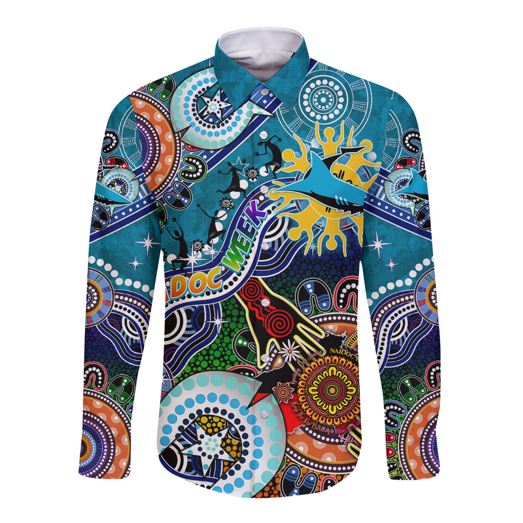 Personalised Sharks NAIDOC Week 2024 Long Sleeve Button Shirt Australia Aboriginal Dot Painting