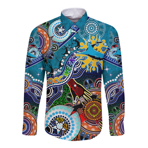 Personalised Sharks NAIDOC Week 2024 Long Sleeve Button Shirt Australia Aboriginal Dot Painting