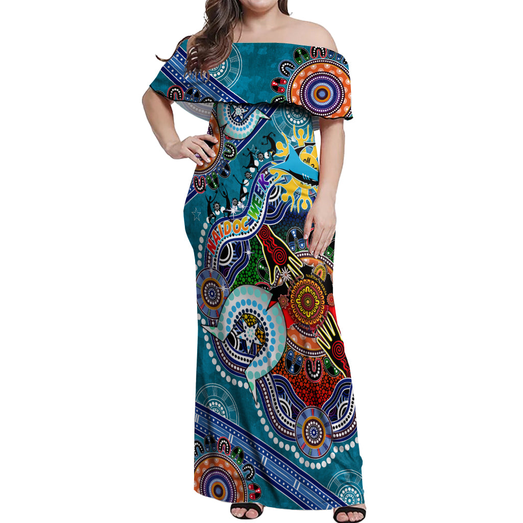 Personalised Sharks NAIDOC Week 2024 Off Shoulder Maxi Dress Australia Aboriginal Dot Painting