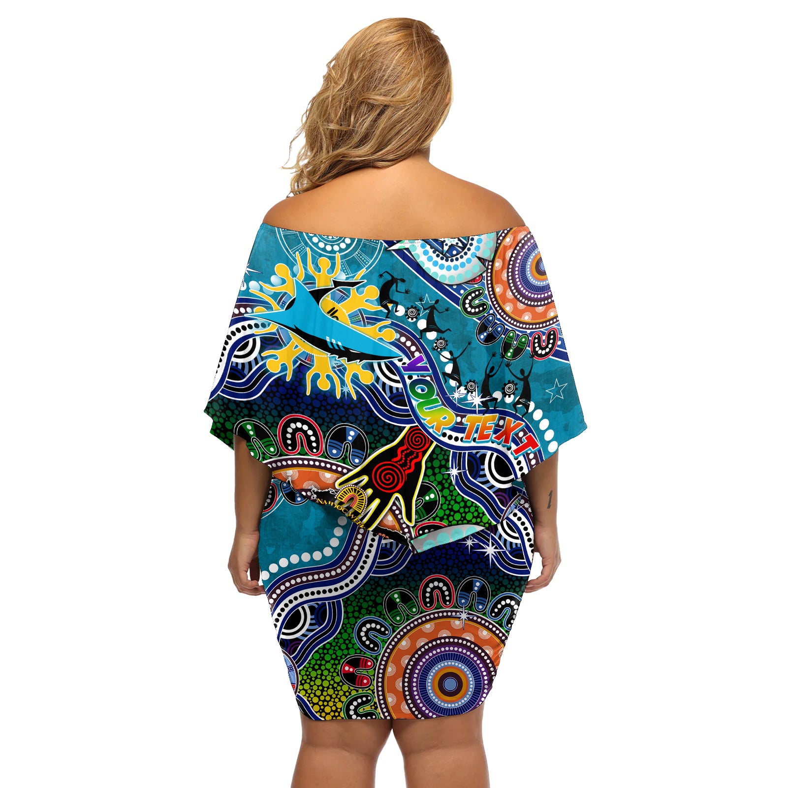 Personalised Sharks NAIDOC Week 2024 Off Shoulder Short Dress Australia Aboriginal Dot Painting