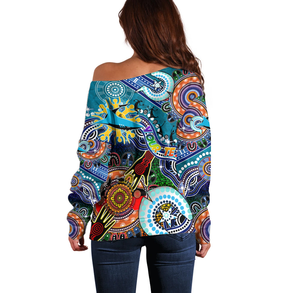 Personalised Sharks NAIDOC Week 2024 Off Shoulder Sweater Australia Aboriginal Dot Painting