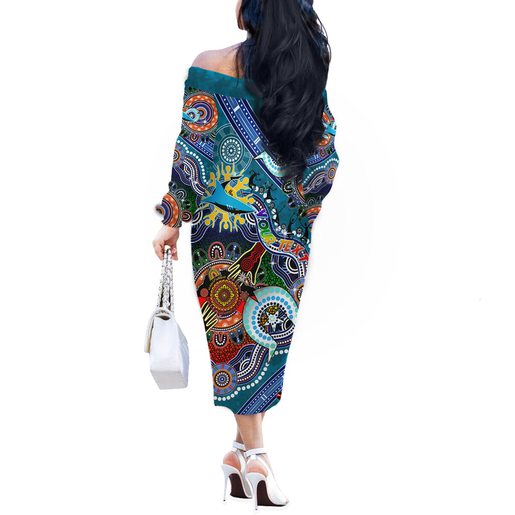Personalised Sharks NAIDOC Week 2024 Off The Shoulder Long Sleeve Dress Australia Aboriginal Dot Painting