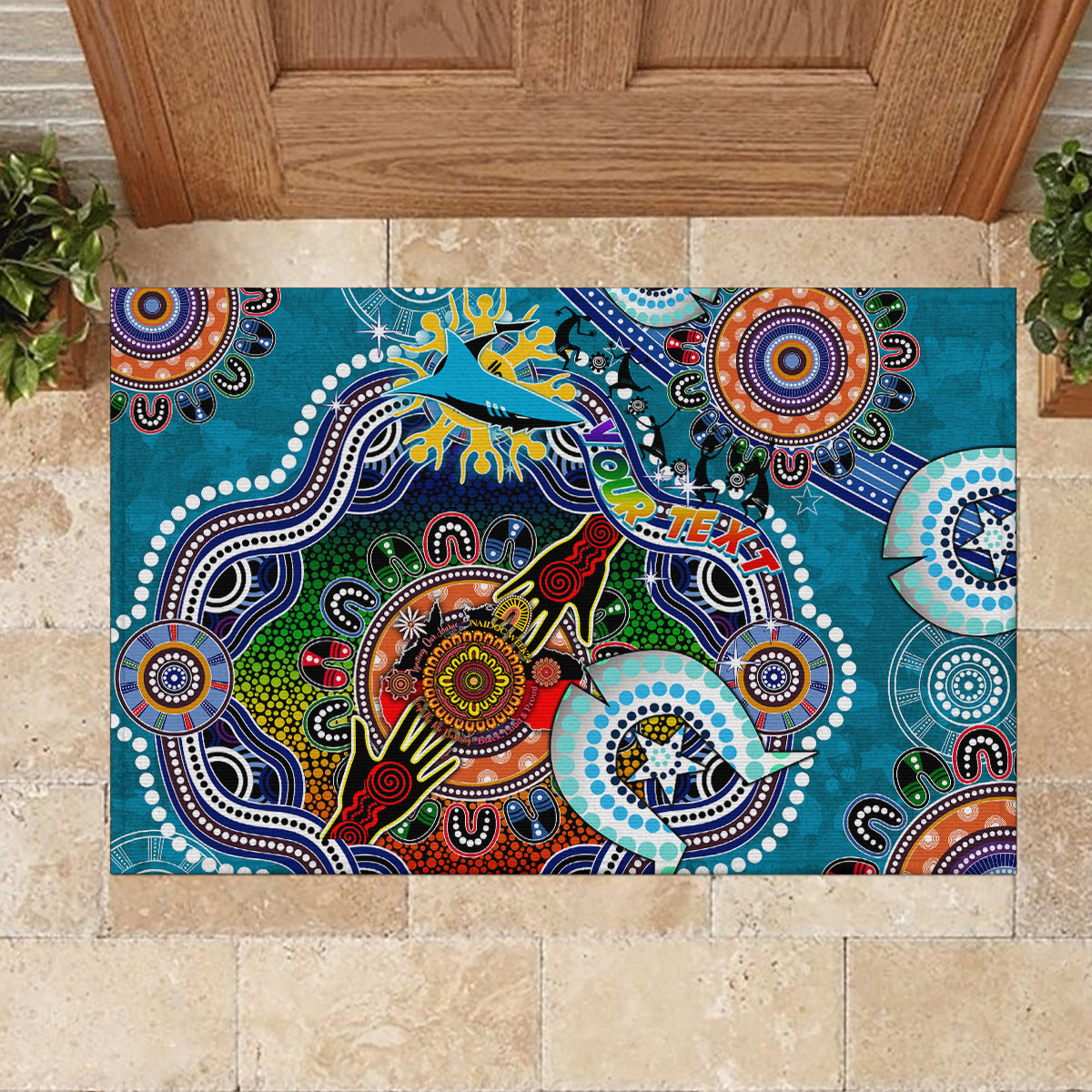 Personalised Sharks NAIDOC Week 2024 Rubber Doormat Australia Aboriginal Dot Painting