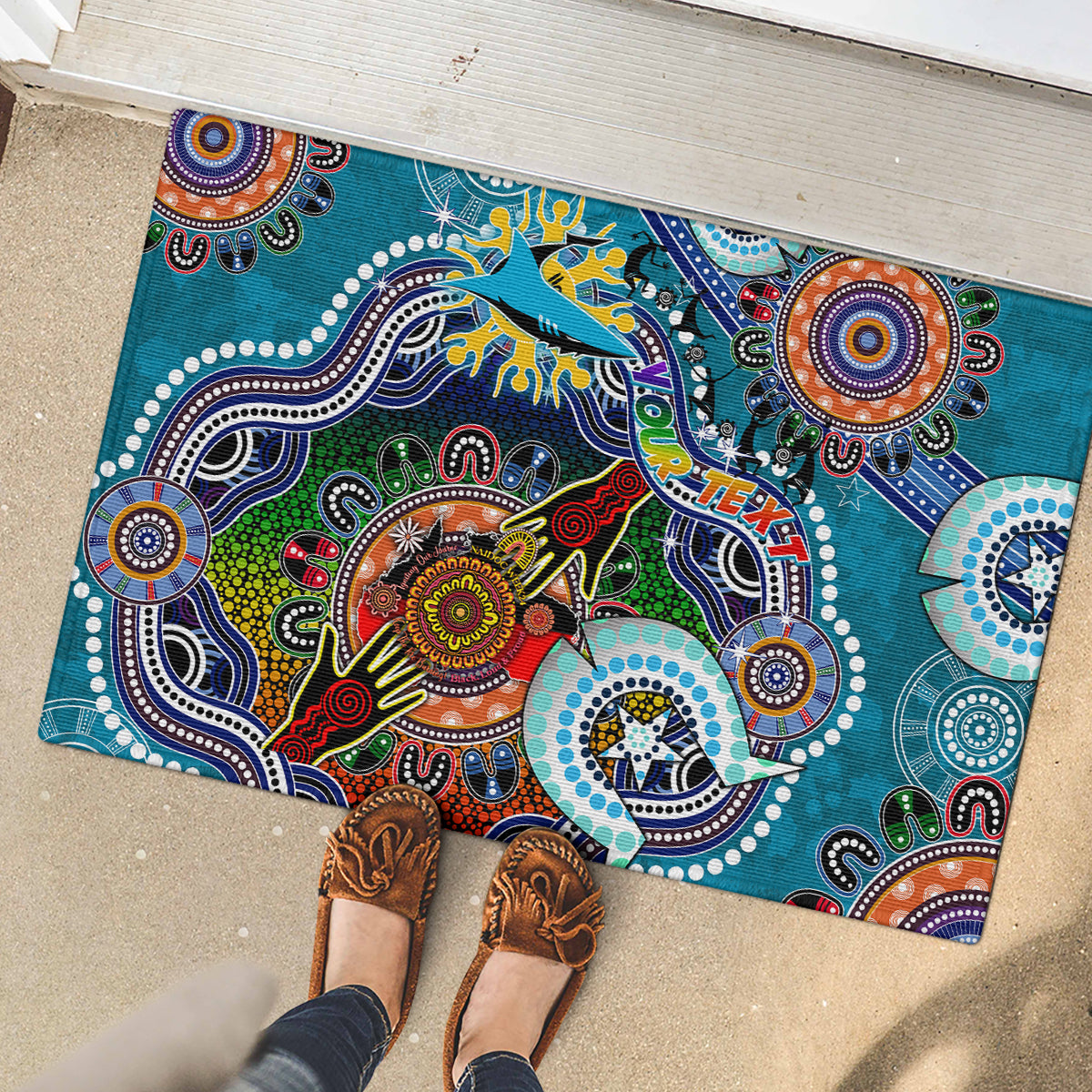 Personalised Sharks NAIDOC Week 2024 Rubber Doormat Australia Aboriginal Dot Painting