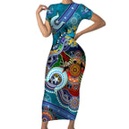 Personalised Sharks NAIDOC Week 2024 Short Sleeve Bodycon Dress Australia Aboriginal Dot Painting