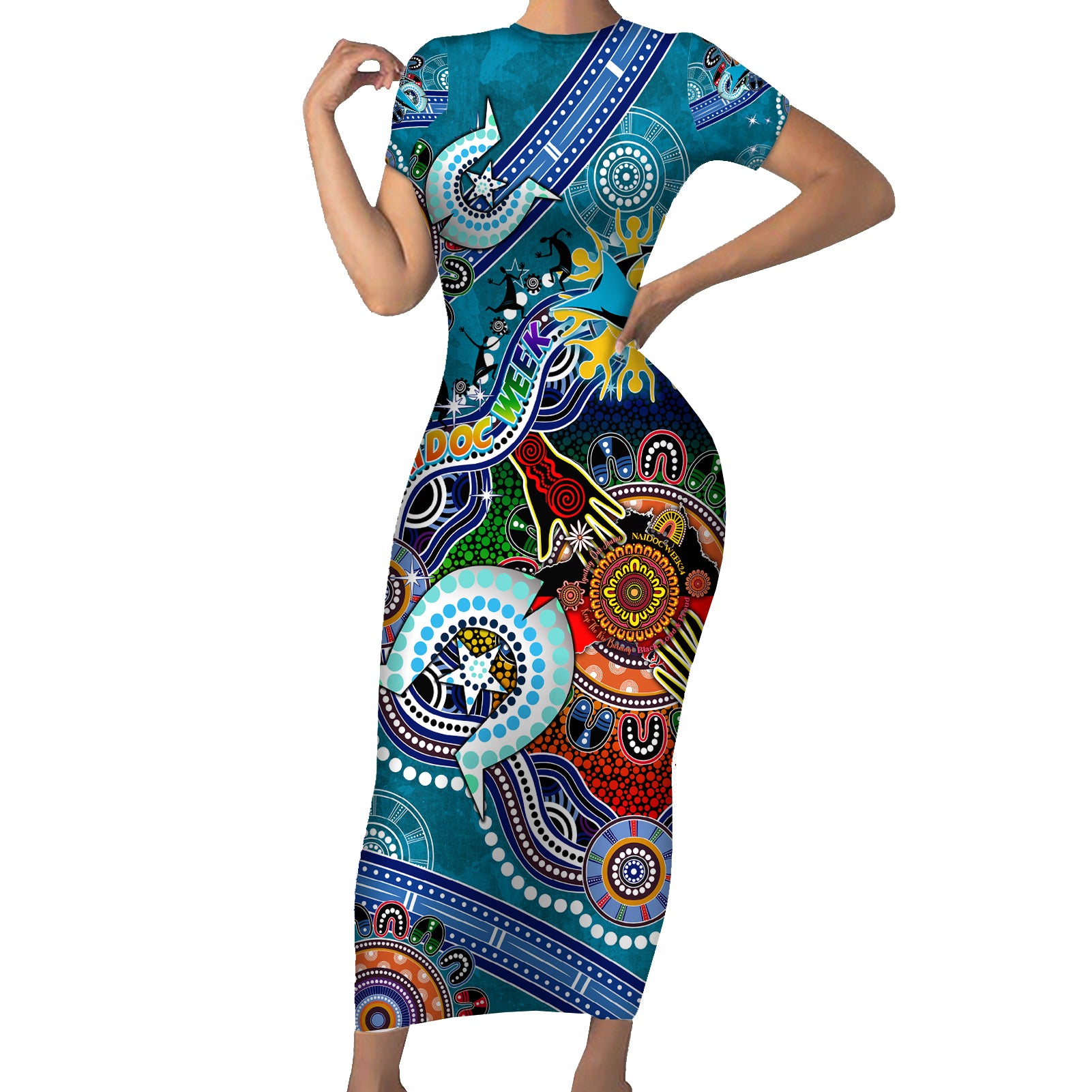 Personalised Sharks NAIDOC Week 2024 Short Sleeve Bodycon Dress Australia Aboriginal Dot Painting