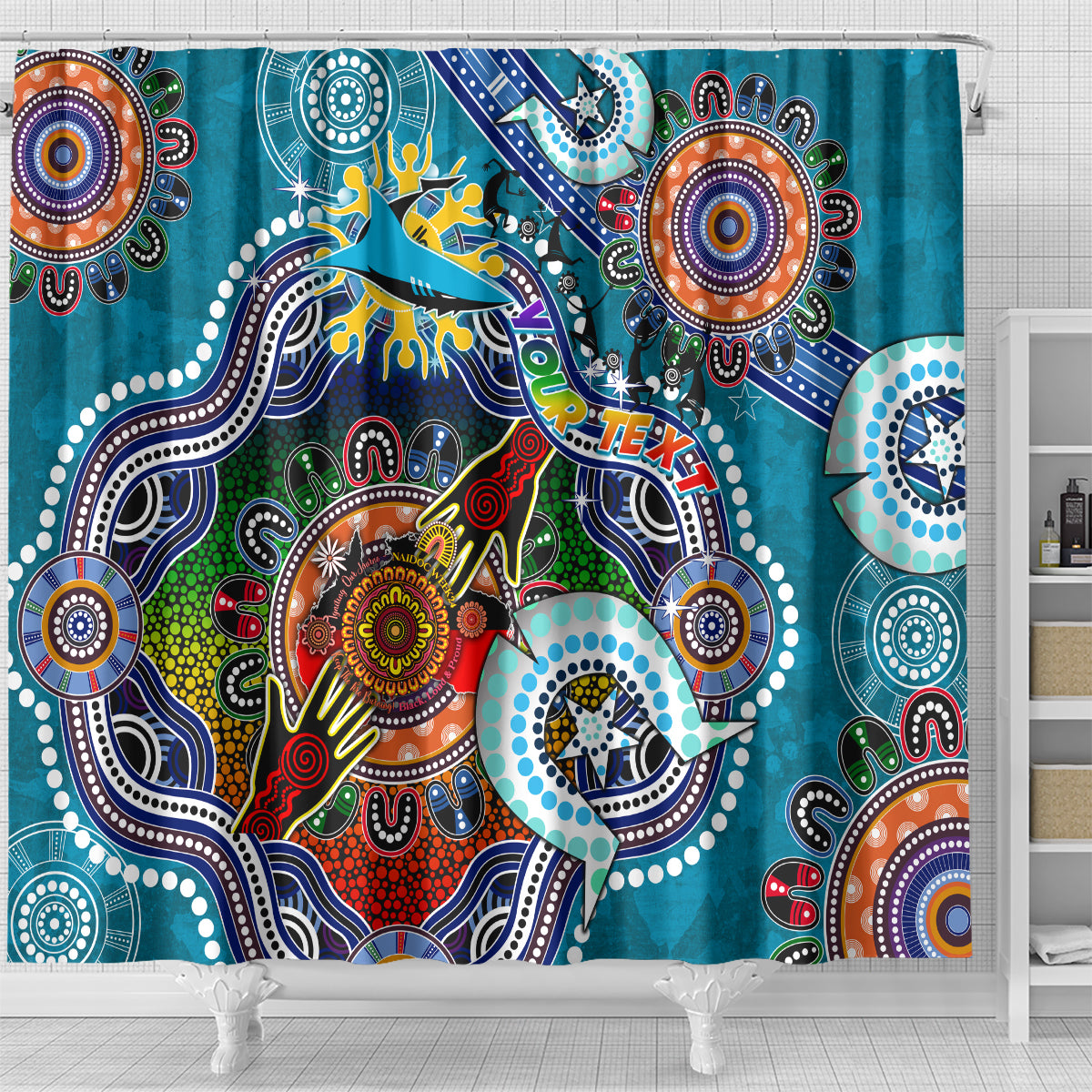 Personalised Sharks NAIDOC Week 2024 Shower Curtain Australia Aboriginal Dot Painting