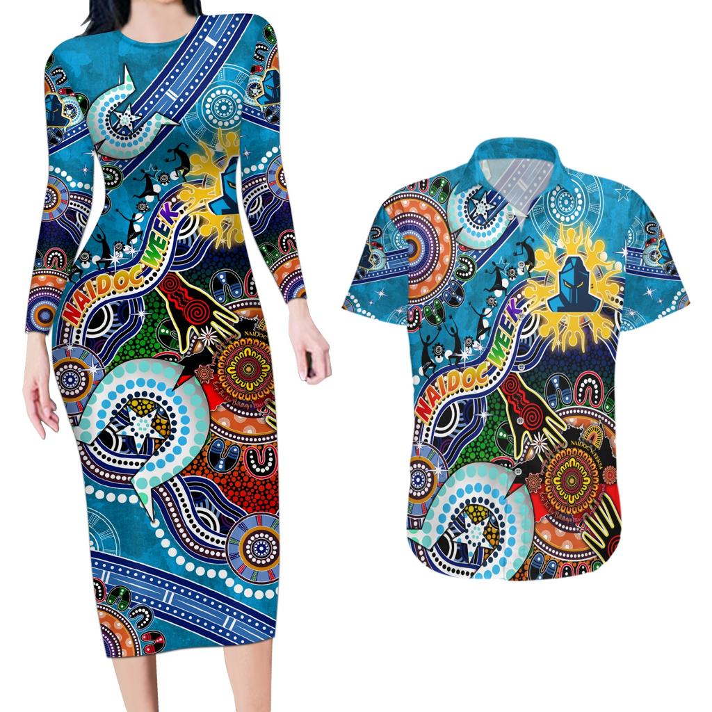 Personalised Titans NAIDOC Week 2024 Couples Matching Long Sleeve Bodycon Dress and Hawaiian Shirt Australia Aboriginal Dot Painting