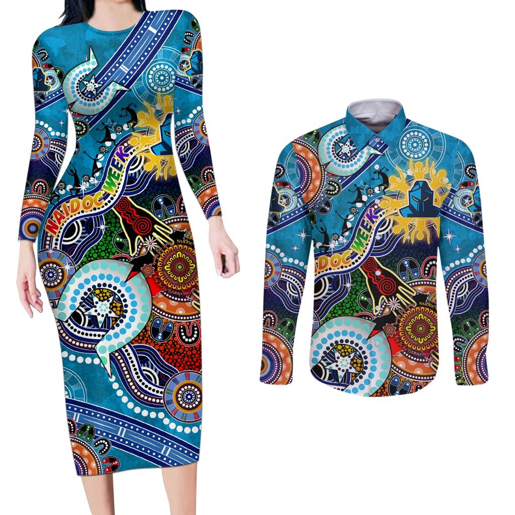 Personalised Titans NAIDOC Week 2024 Couples Matching Long Sleeve Bodycon Dress and Long Sleeve Button Shirt Australia Aboriginal Dot Painting