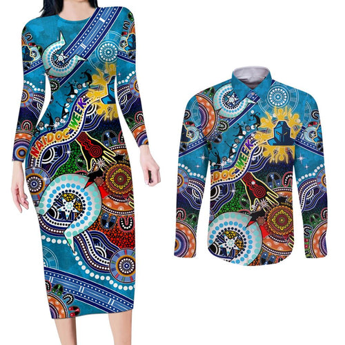 Personalised Titans NAIDOC Week 2024 Couples Matching Long Sleeve Bodycon Dress and Long Sleeve Button Shirt Australia Aboriginal Dot Painting