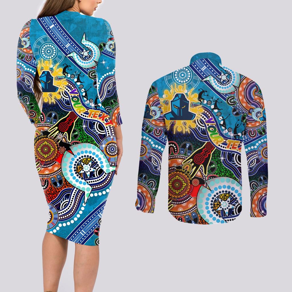 Personalised Titans NAIDOC Week 2024 Couples Matching Long Sleeve Bodycon Dress and Long Sleeve Button Shirt Australia Aboriginal Dot Painting