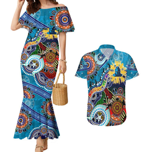 Personalised Titans NAIDOC Week 2024 Couples Matching Mermaid Dress and Hawaiian Shirt Australia Aboriginal Dot Painting