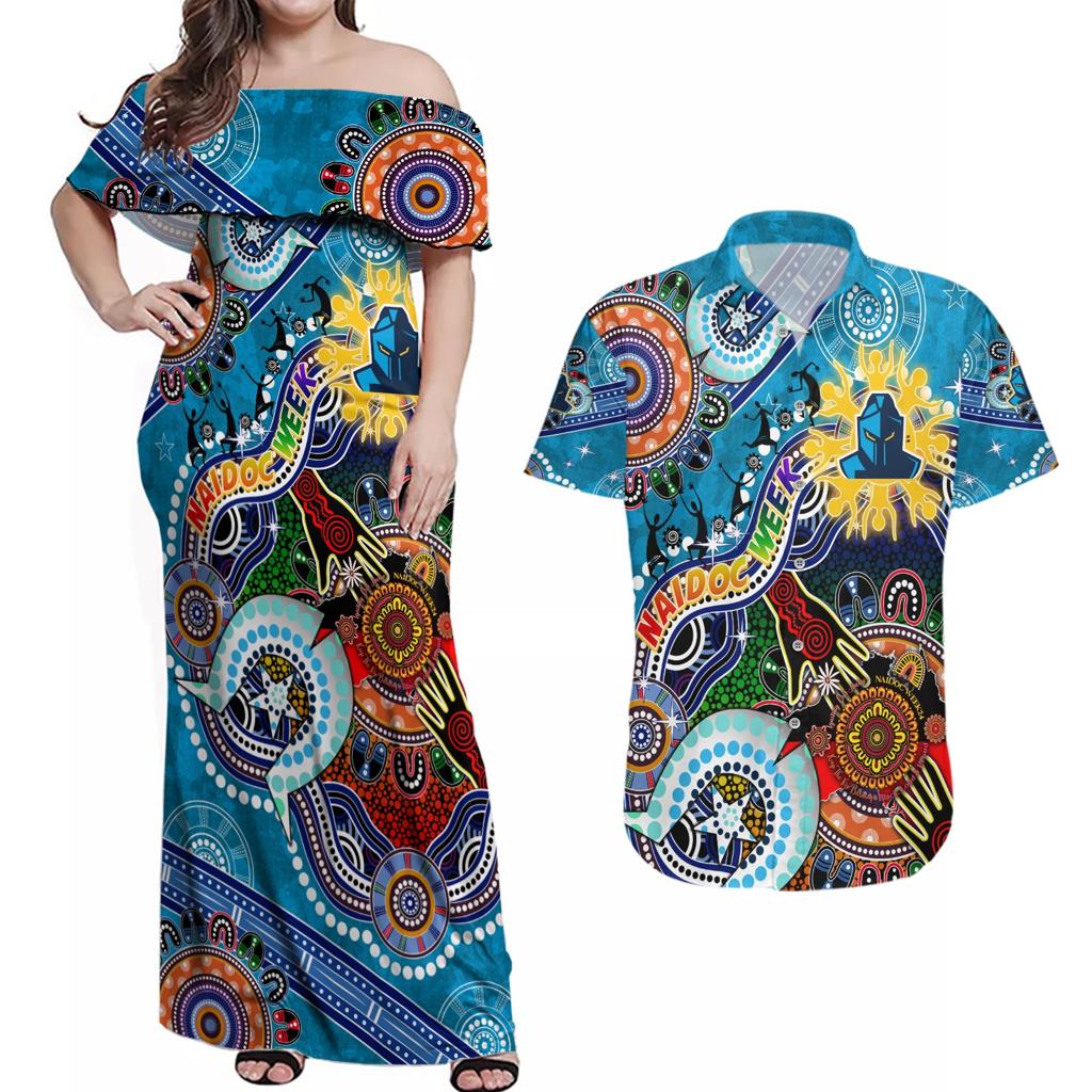 Personalised Titans NAIDOC Week 2024 Couples Matching Off Shoulder Maxi Dress and Hawaiian Shirt Australia Aboriginal Dot Painting