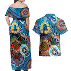 Personalised Titans NAIDOC Week 2024 Couples Matching Off Shoulder Maxi Dress and Hawaiian Shirt Australia Aboriginal Dot Painting