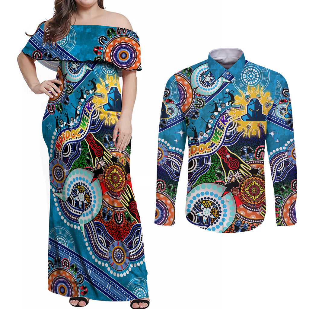 Personalised Titans NAIDOC Week 2024 Couples Matching Off Shoulder Maxi Dress and Long Sleeve Button Shirt Australia Aboriginal Dot Painting