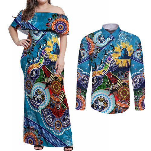 Personalised Titans NAIDOC Week 2024 Couples Matching Off Shoulder Maxi Dress and Long Sleeve Button Shirt Australia Aboriginal Dot Painting