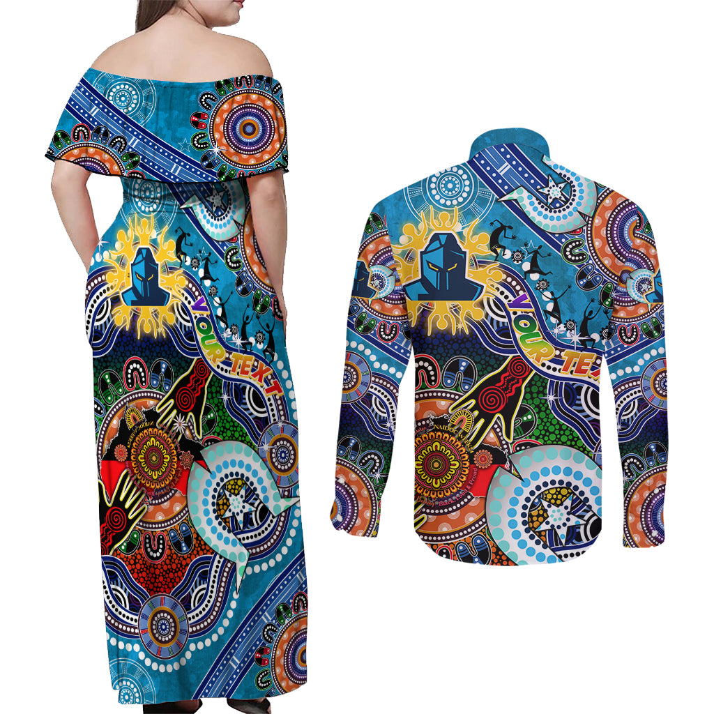 Personalised Titans NAIDOC Week 2024 Couples Matching Off Shoulder Maxi Dress and Long Sleeve Button Shirt Australia Aboriginal Dot Painting
