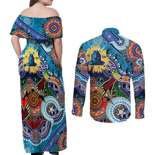 Personalised Titans NAIDOC Week 2024 Couples Matching Off Shoulder Maxi Dress and Long Sleeve Button Shirt Australia Aboriginal Dot Painting
