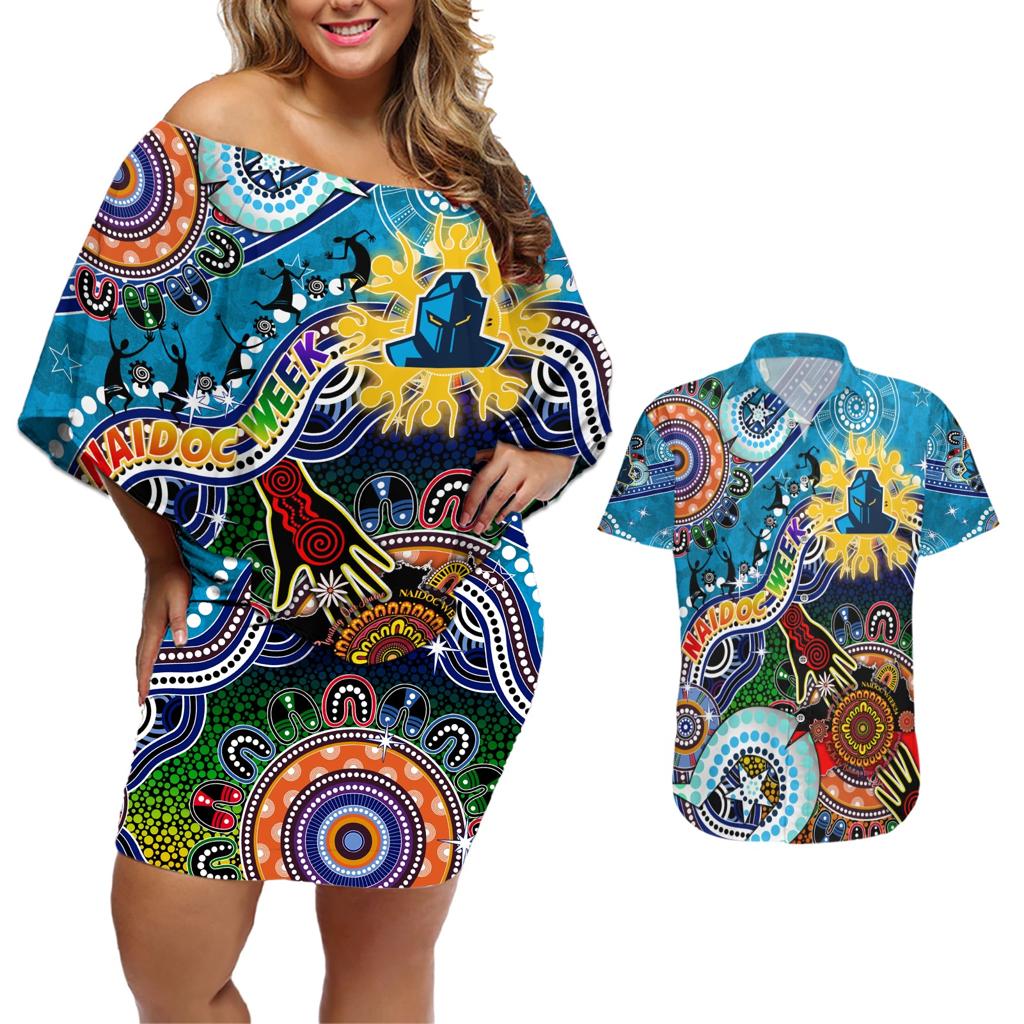 Personalised Titans NAIDOC Week 2024 Couples Matching Off Shoulder Short Dress and Hawaiian Shirt Australia Aboriginal Dot Painting
