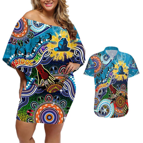 Personalised Titans NAIDOC Week 2024 Couples Matching Off Shoulder Short Dress and Hawaiian Shirt Australia Aboriginal Dot Painting