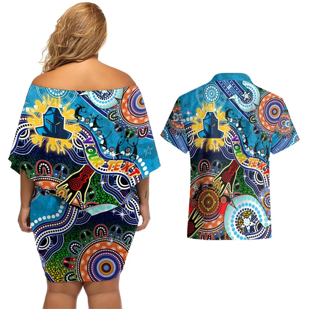 Personalised Titans NAIDOC Week 2024 Couples Matching Off Shoulder Short Dress and Hawaiian Shirt Australia Aboriginal Dot Painting