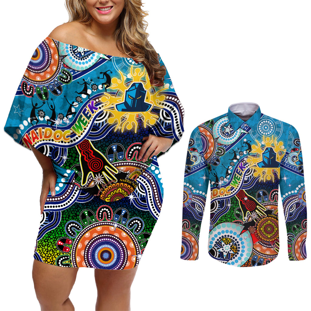 Personalised Titans NAIDOC Week 2024 Couples Matching Off Shoulder Short Dress and Long Sleeve Button Shirt Australia Aboriginal Dot Painting