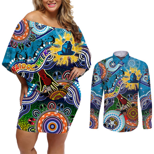 Personalised Titans NAIDOC Week 2024 Couples Matching Off Shoulder Short Dress and Long Sleeve Button Shirt Australia Aboriginal Dot Painting