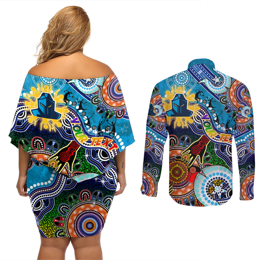 Personalised Titans NAIDOC Week 2024 Couples Matching Off Shoulder Short Dress and Long Sleeve Button Shirt Australia Aboriginal Dot Painting