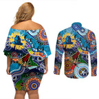 Personalised Titans NAIDOC Week 2024 Couples Matching Off Shoulder Short Dress and Long Sleeve Button Shirt Australia Aboriginal Dot Painting