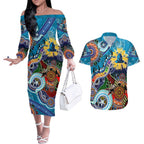 Personalised Titans NAIDOC Week 2024 Couples Matching Off The Shoulder Long Sleeve Dress and Hawaiian Shirt Australia Aboriginal Dot Painting