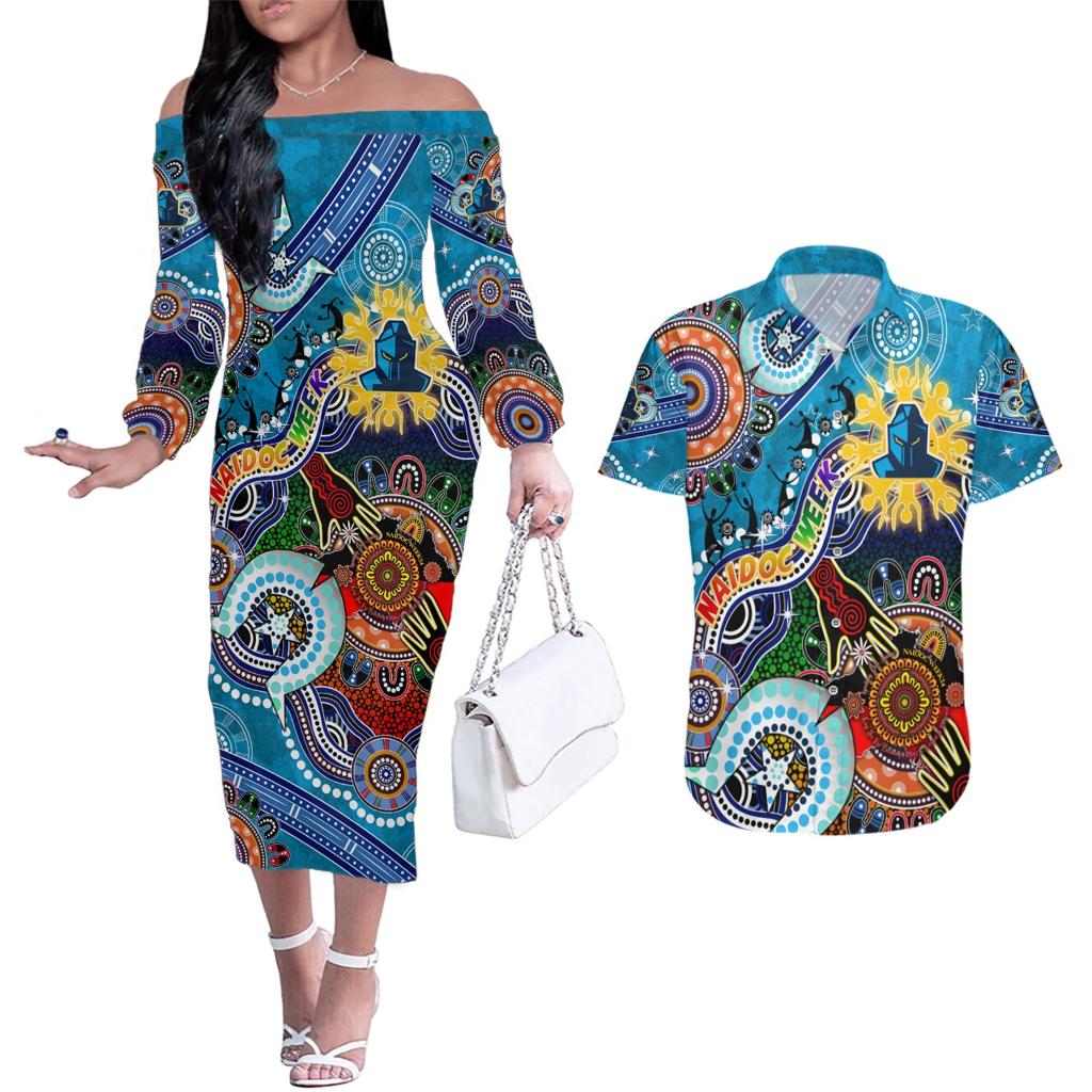 Personalised Titans NAIDOC Week 2024 Couples Matching Off The Shoulder Long Sleeve Dress and Hawaiian Shirt Australia Aboriginal Dot Painting