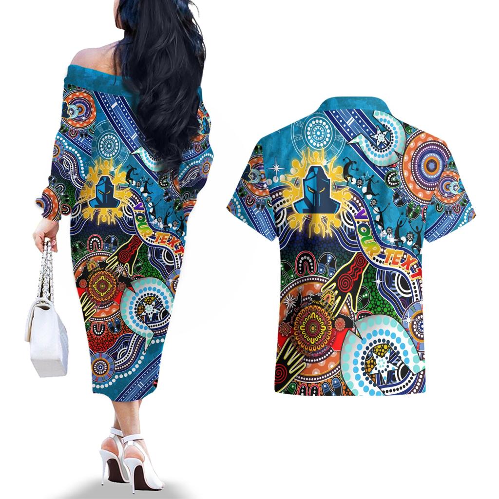 Personalised Titans NAIDOC Week 2024 Couples Matching Off The Shoulder Long Sleeve Dress and Hawaiian Shirt Australia Aboriginal Dot Painting