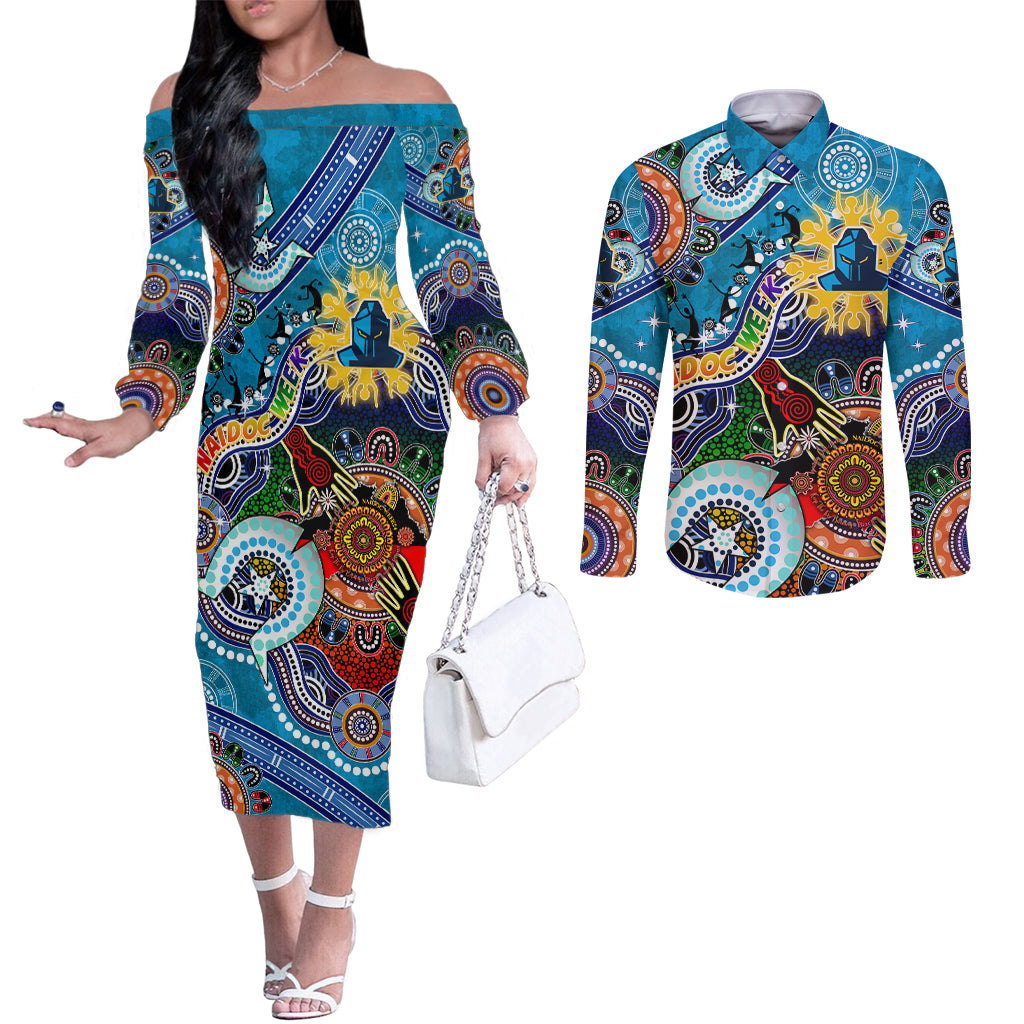 Personalised Titans NAIDOC Week 2024 Couples Matching Off The Shoulder Long Sleeve Dress and Long Sleeve Button Shirt Australia Aboriginal Dot Painting