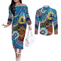 Personalised Titans NAIDOC Week 2024 Couples Matching Off The Shoulder Long Sleeve Dress and Long Sleeve Button Shirt Australia Aboriginal Dot Painting