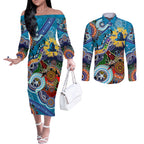 Personalised Titans NAIDOC Week 2024 Couples Matching Off The Shoulder Long Sleeve Dress and Long Sleeve Button Shirt Australia Aboriginal Dot Painting