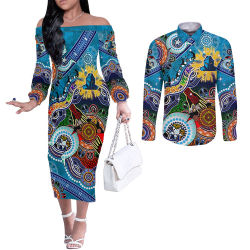 Personalised Titans NAIDOC Week 2024 Couples Matching Off The Shoulder Long Sleeve Dress and Long Sleeve Button Shirt Australia Aboriginal Dot Painting