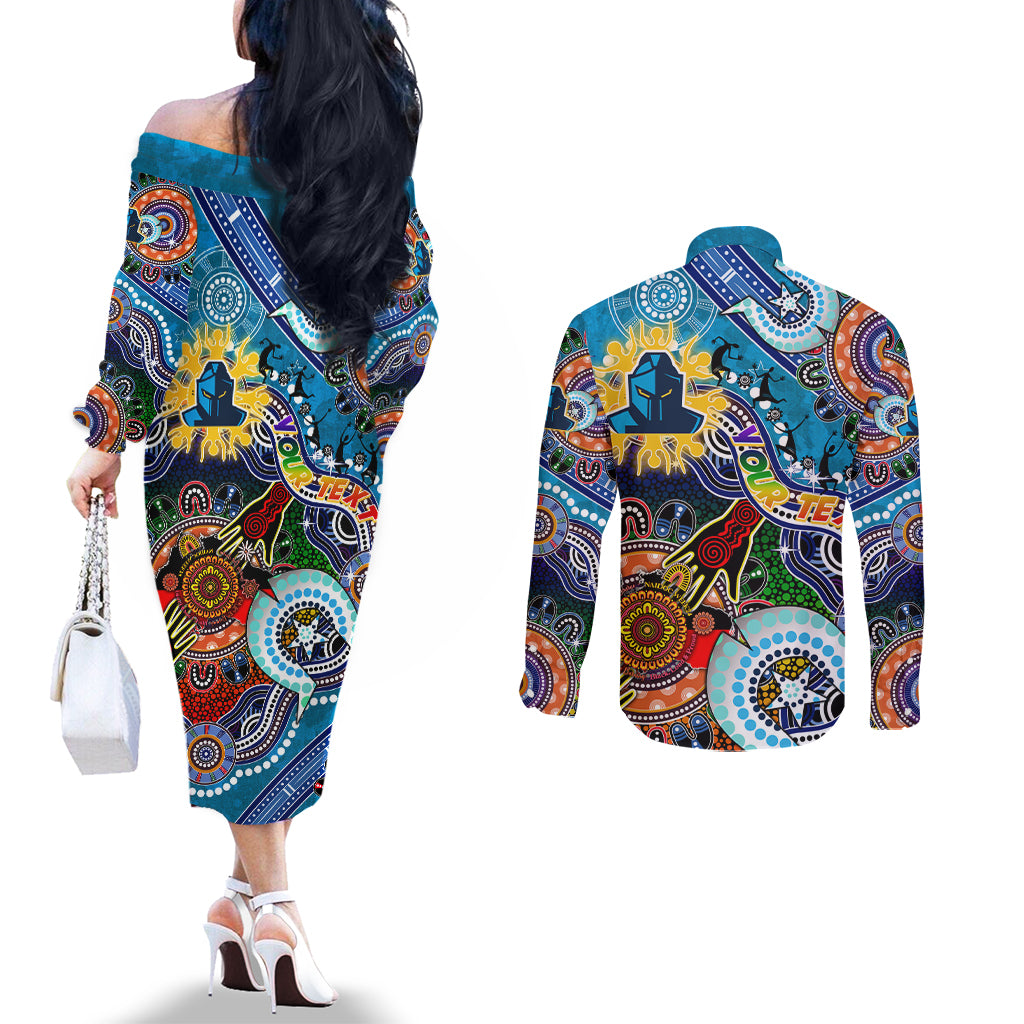 Personalised Titans NAIDOC Week 2024 Couples Matching Off The Shoulder Long Sleeve Dress and Long Sleeve Button Shirt Australia Aboriginal Dot Painting