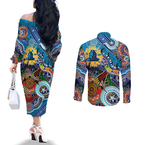 Personalised Titans NAIDOC Week 2024 Couples Matching Off The Shoulder Long Sleeve Dress and Long Sleeve Button Shirt Australia Aboriginal Dot Painting