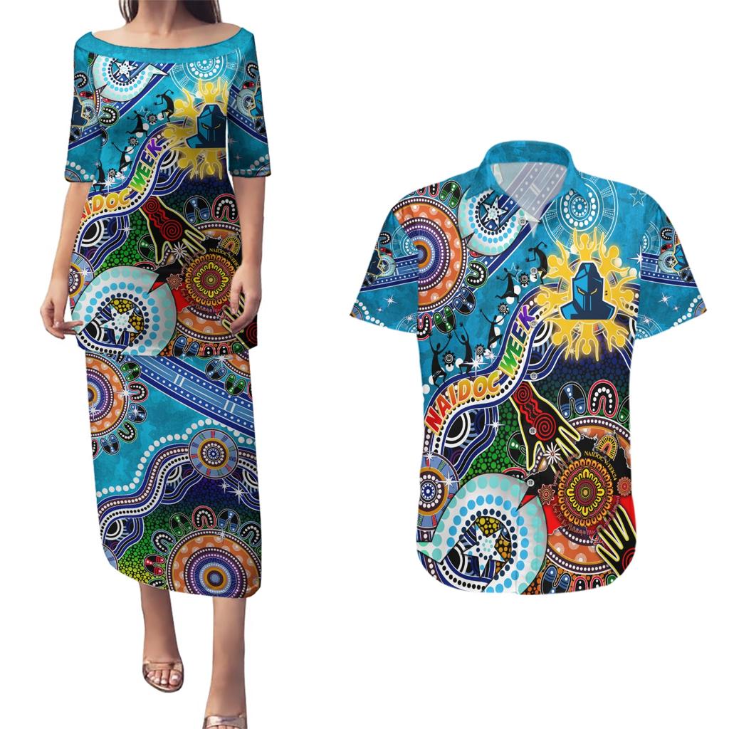 Personalised Titans NAIDOC Week 2024 Couples Matching Puletasi and Hawaiian Shirt Australia Aboriginal Dot Painting