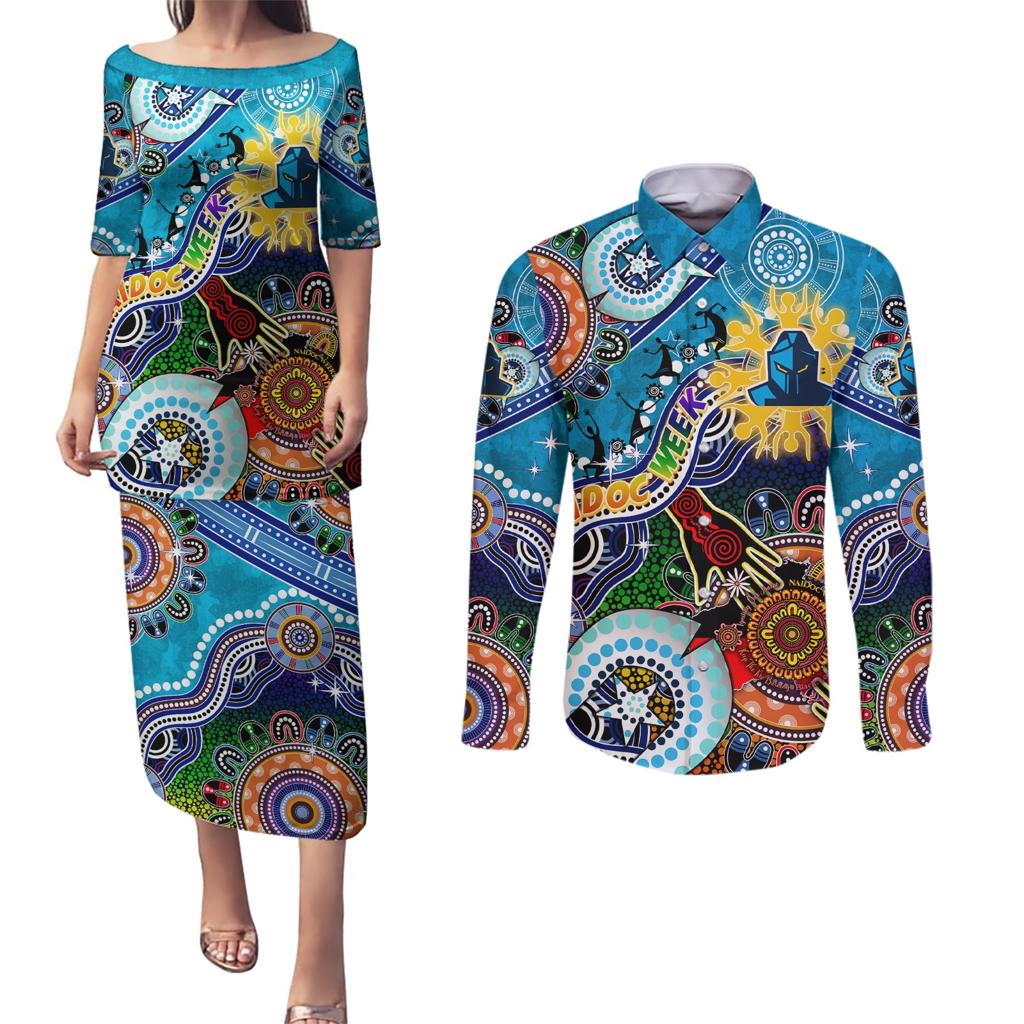 Personalised Titans NAIDOC Week 2024 Couples Matching Puletasi and Long Sleeve Button Shirt Australia Aboriginal Dot Painting