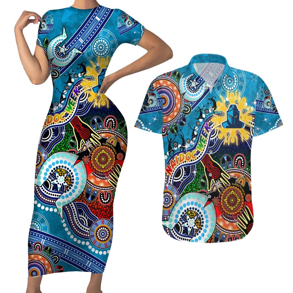 Personalised Titans NAIDOC Week 2024 Couples Matching Short Sleeve Bodycon Dress and Hawaiian Shirt Australia Aboriginal Dot Painting