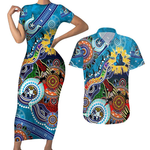 Personalised Titans NAIDOC Week 2024 Couples Matching Short Sleeve Bodycon Dress and Hawaiian Shirt Australia Aboriginal Dot Painting