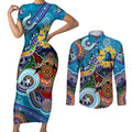 Personalised Titans NAIDOC Week 2024 Couples Matching Short Sleeve Bodycon Dress and Long Sleeve Button Shirt Australia Aboriginal Dot Painting
