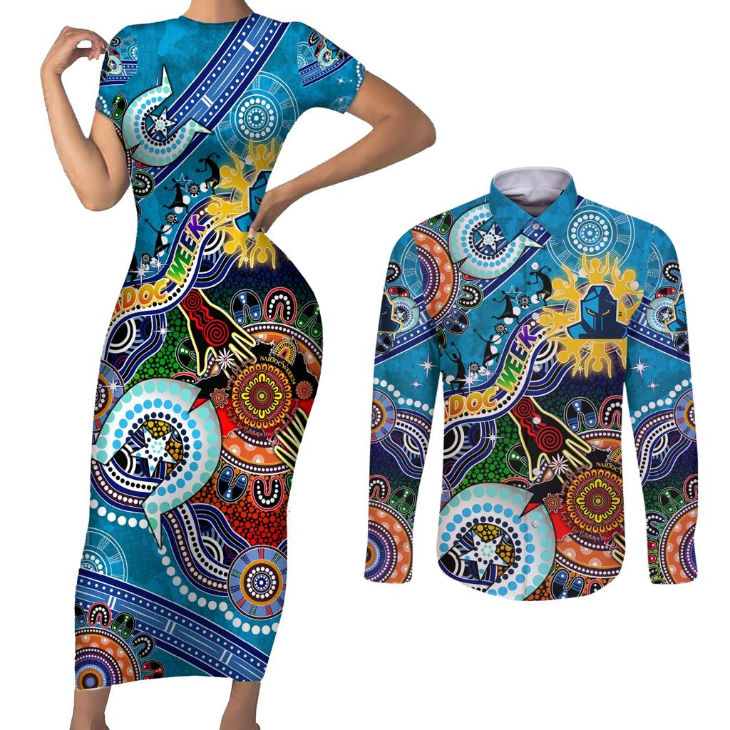 Personalised Titans NAIDOC Week 2024 Couples Matching Short Sleeve Bodycon Dress and Long Sleeve Button Shirt Australia Aboriginal Dot Painting