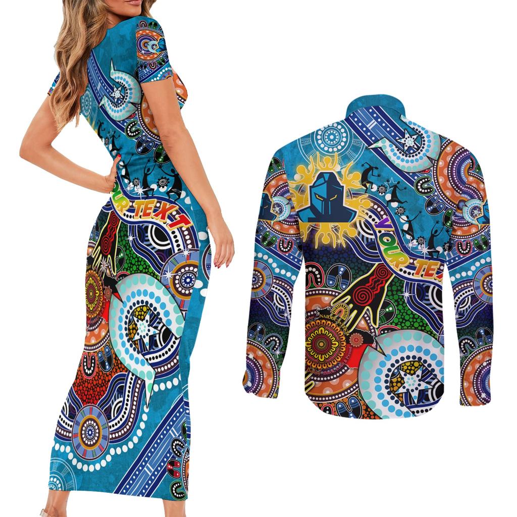 Personalised Titans NAIDOC Week 2024 Couples Matching Short Sleeve Bodycon Dress and Long Sleeve Button Shirt Australia Aboriginal Dot Painting
