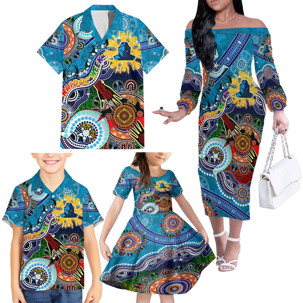 Personalised Titans NAIDOC Week 2024 Family Matching Off The Shoulder Long Sleeve Dress and Hawaiian Shirt Australia Aboriginal Dot Painting
