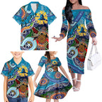 Personalised Titans NAIDOC Week 2024 Family Matching Off The Shoulder Long Sleeve Dress and Hawaiian Shirt Australia Aboriginal Dot Painting